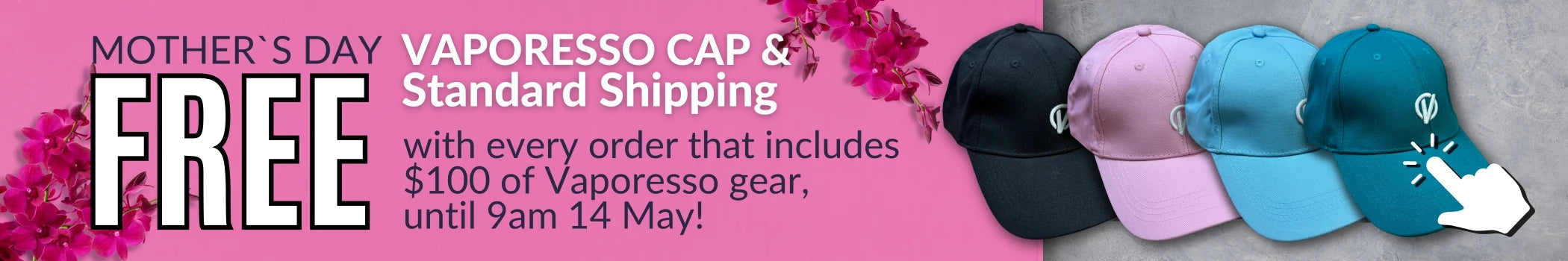Free cap when you spend $100 or more on Vaporesso products this mothers day. Plus Free Shipping.